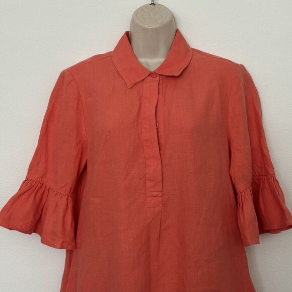 Chicos Linen Orange Fluted Sleeve Shift Dress Sz 8 Pockets Collared Minimalist - Picture 3 of 11